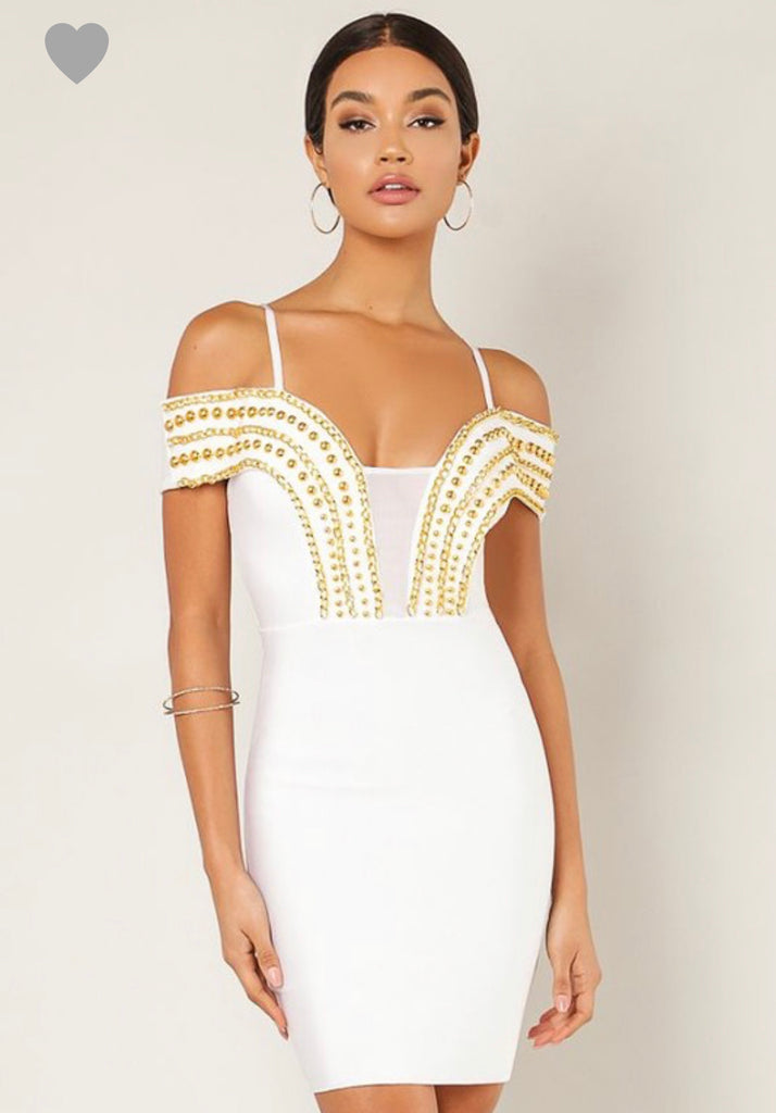 white gold studded dress Bebe Dresses | Bebe Bodycon Embellished White Gold Studded One Shoulder Dress S Nwt | Color: Gold/White | Size: S